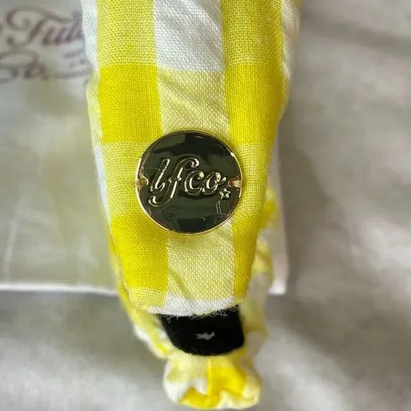 Living Fully Headband Yellow Gingham Knotted Allover Smiley Face w/ Dust Bag OS - Picture 4 of 11